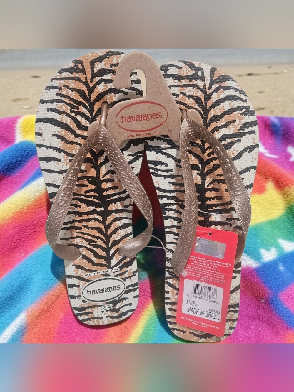 Havaianas 11/12 Top Animal Flip-Flop Sandals Tiger Print Gold Rose NWT
